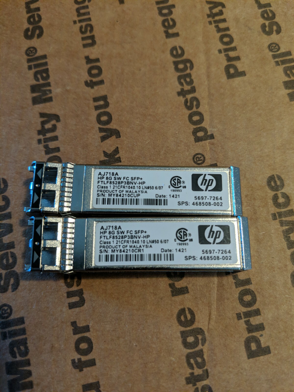 Lot of 2 HP AJ718A 8G SW FC SFP+ FTLF8528P2BNV-HP