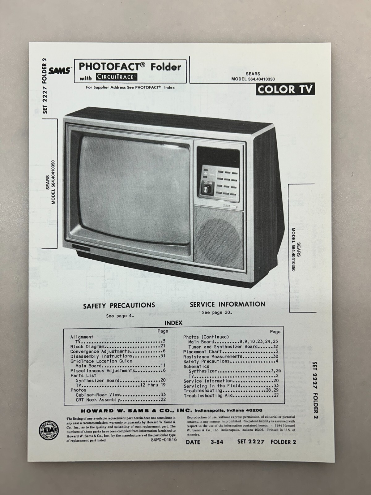 Sears 564.40410350 Service Manual Sams Photofact Free Shipping