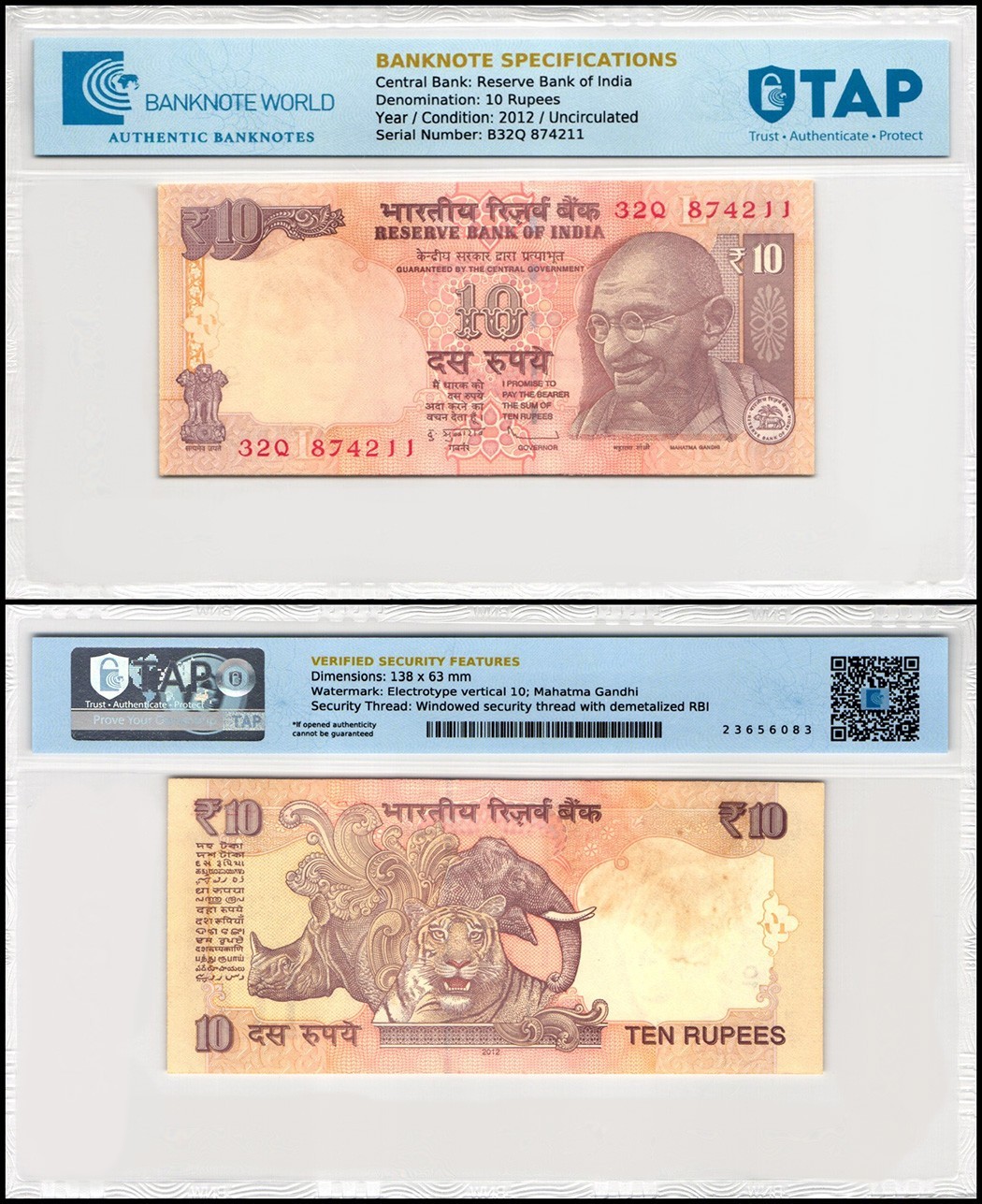 India 10 Rupees, 2012, P-102e, UNC, Plate Letter L, TAP Authenticated