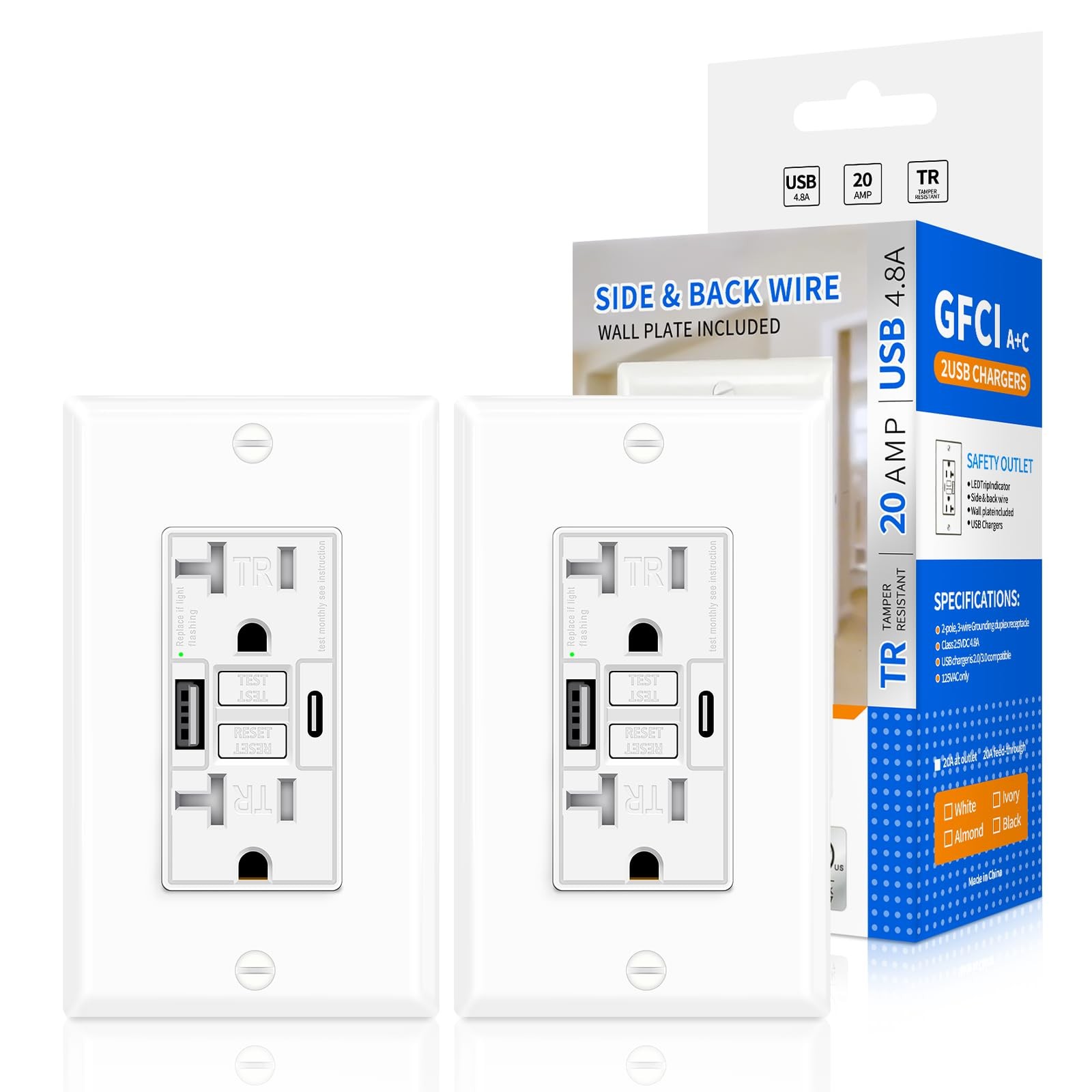 2 PCS 20A GFCI Outlet USB C A SelfTest TR ETL TamperResistant White