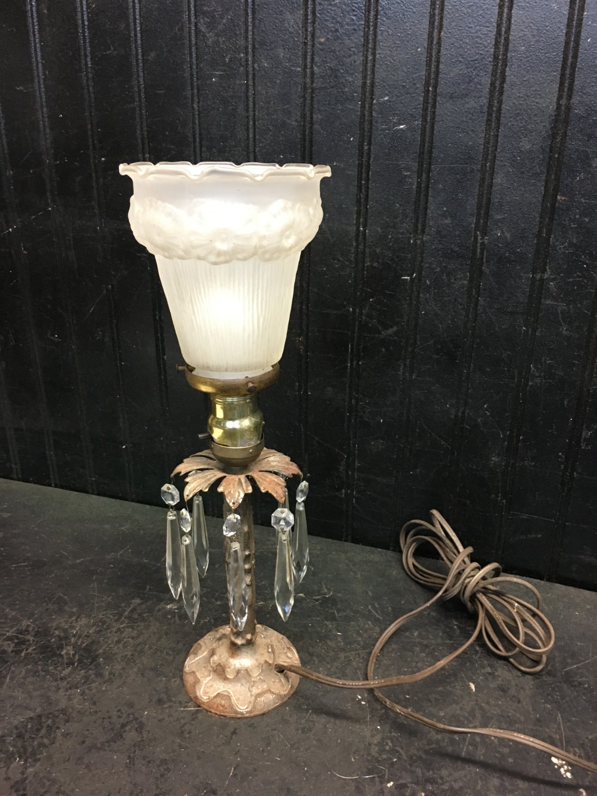 Vintage Art Deco Metal  Crystal 8  Prism Table Lamp with Frosted glass Shade