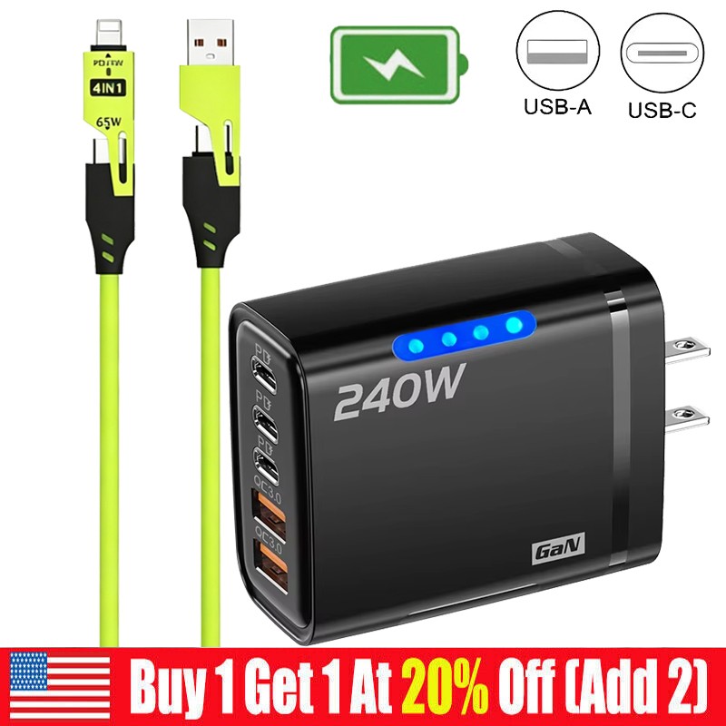 240W Charging Type C USB C Wall Charger & 4 IN 1 Cable For Google iPhone Samsung
