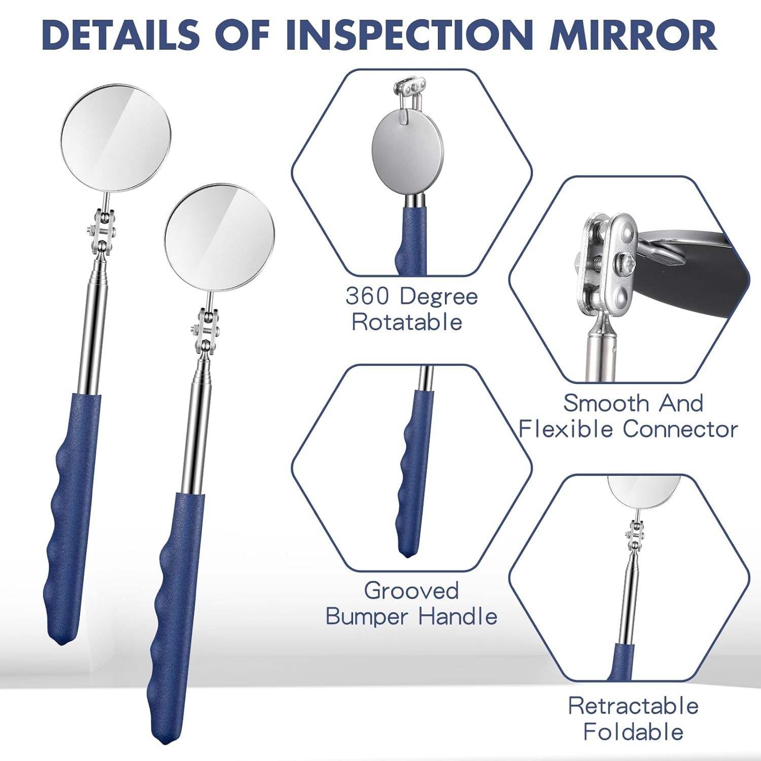2-Pc Telescoping Inspection Mirrors with Adjustable Length for Mechanics