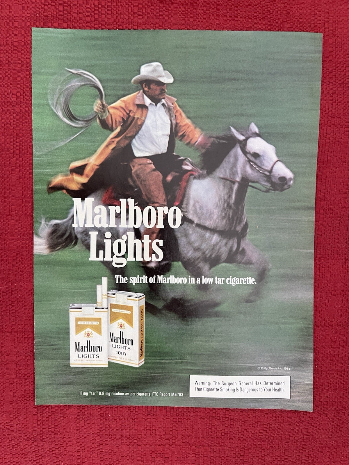 Marlboro Lights 1984 Print Ad Cowboy Gray Horse Roping