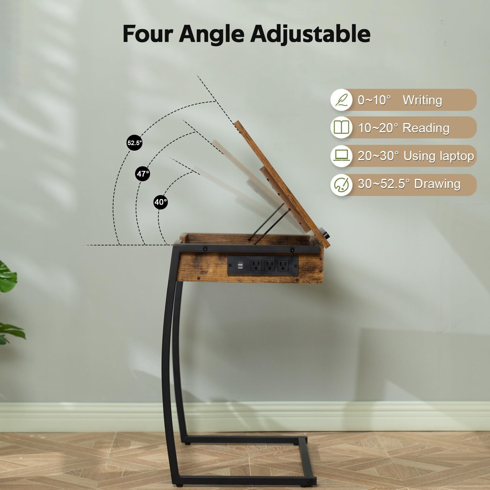 Hadulcet C Shaped End Table with Charging Station, 25.6", Rustic Brown