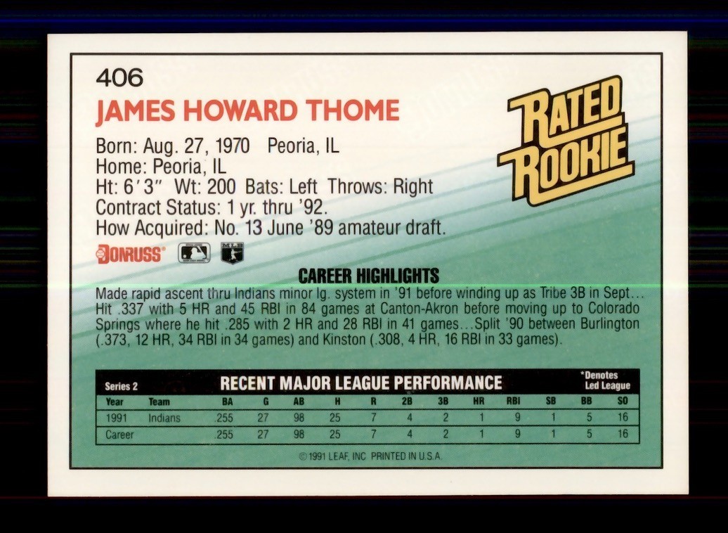 1992 DONRUSS #406 JIM THOME RATED ROOKIE RC CLEVELAND INDIANS
