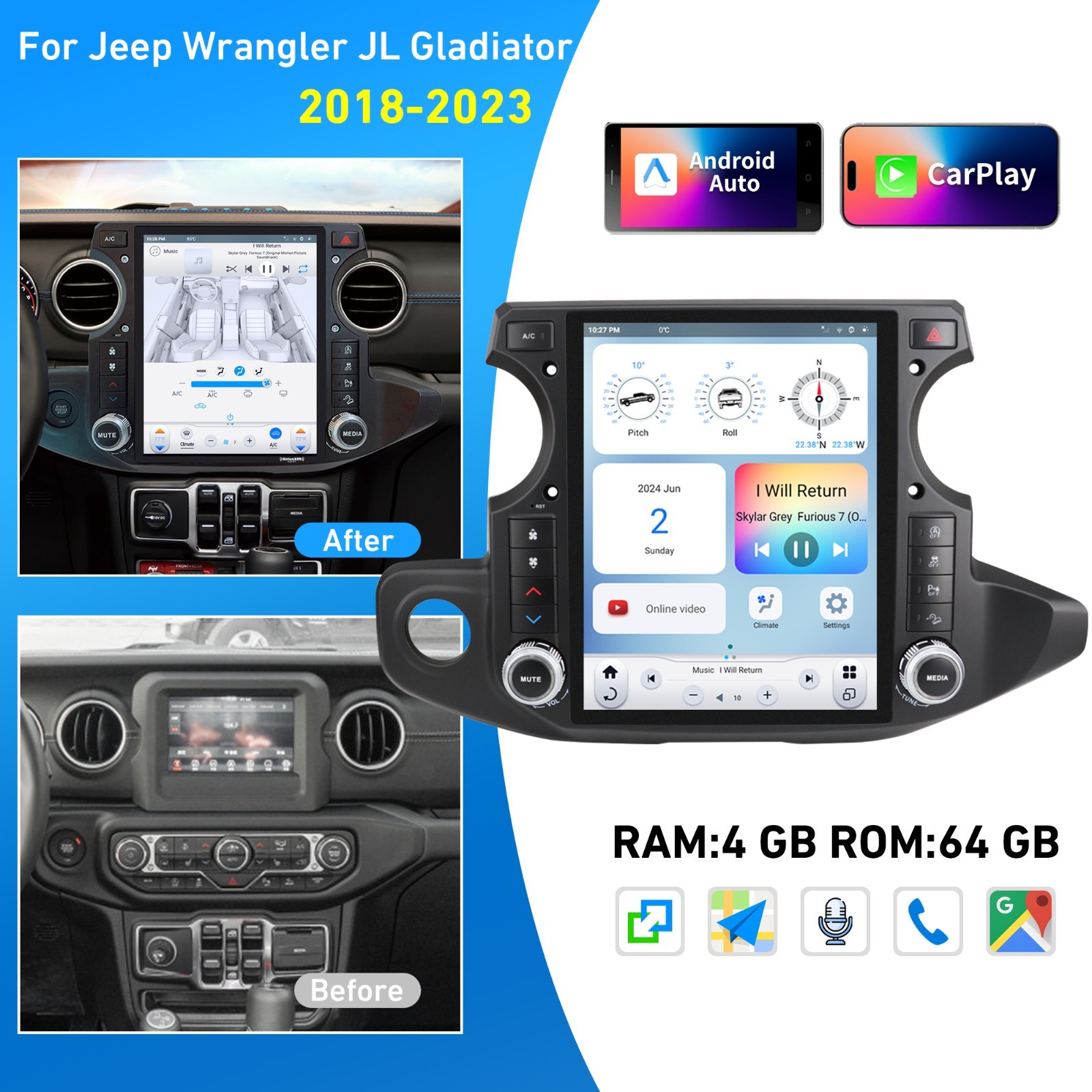 LINKSWELL GEN 6  T-Style Radio for Jeep Wrangler JL Gladiator 2018-2023 Carplay