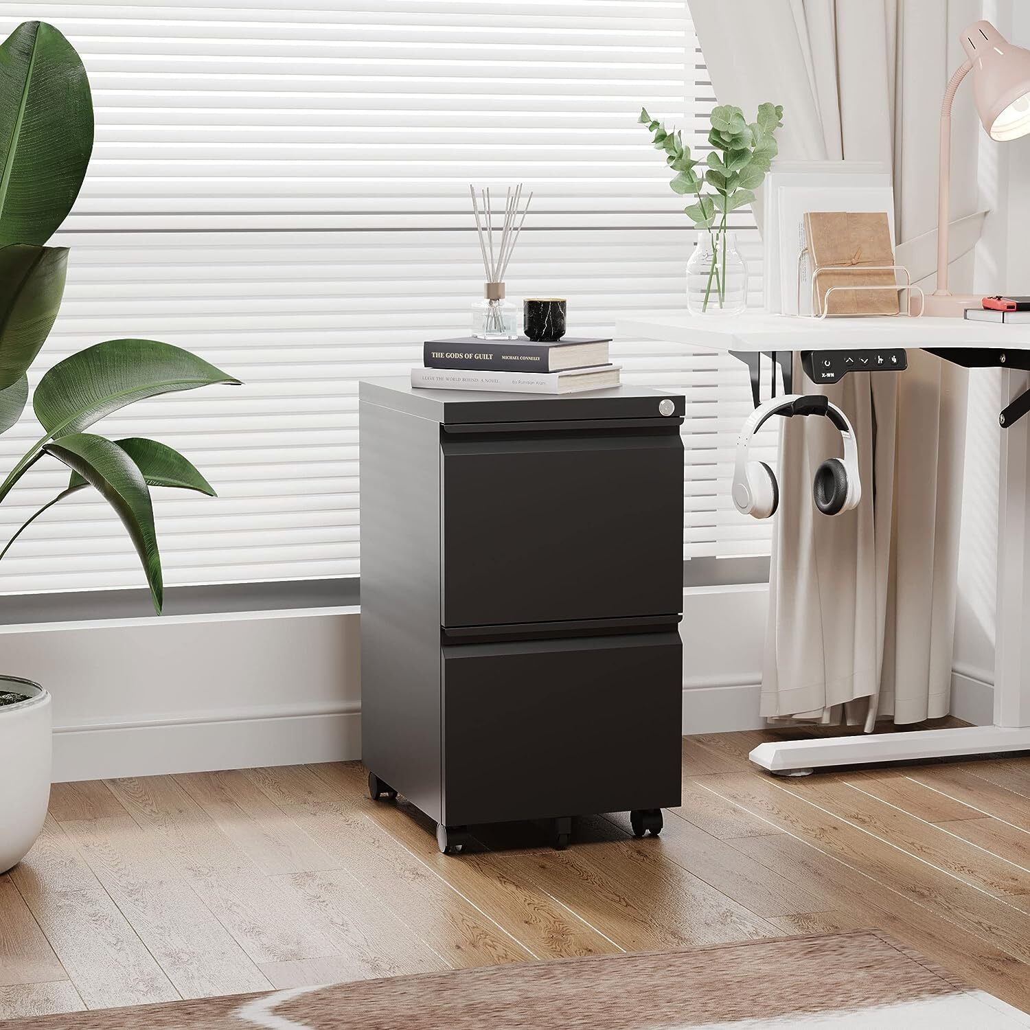Metal 2 Drawers Office Filing Storage Cabinet with Lock Wheels Rolling Cabinets