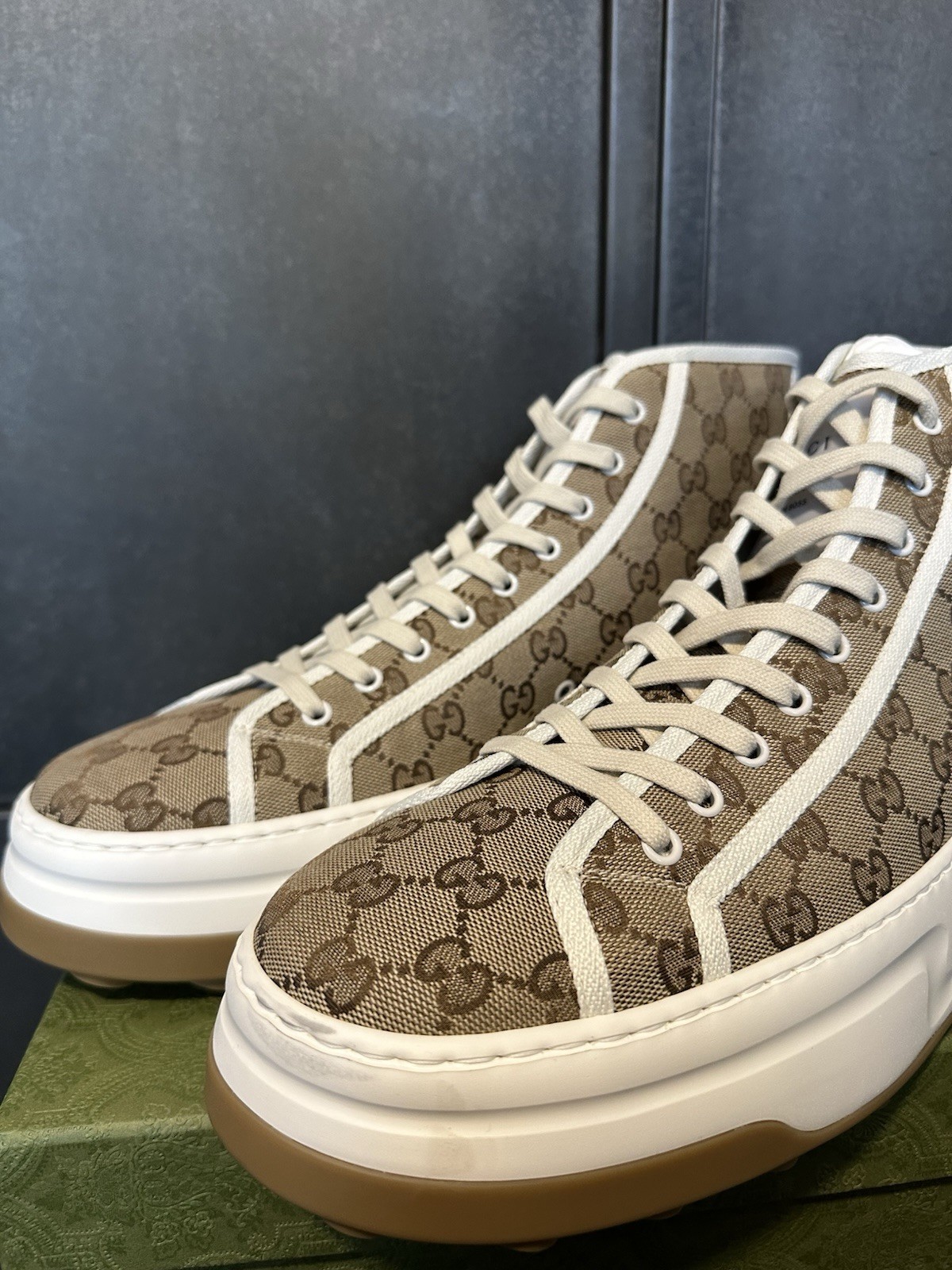 Gucci Mens Tennis 1977 High Top Brown GG Supreme Monogram Size 14.5UK/15.5US