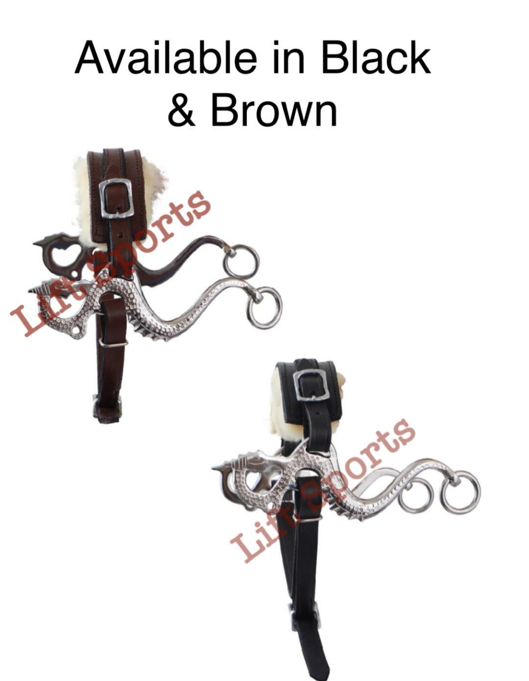 Brown/Black Dragon Hackamore Bitless Horse Bit Bridle Genuine Leather Padded Fur