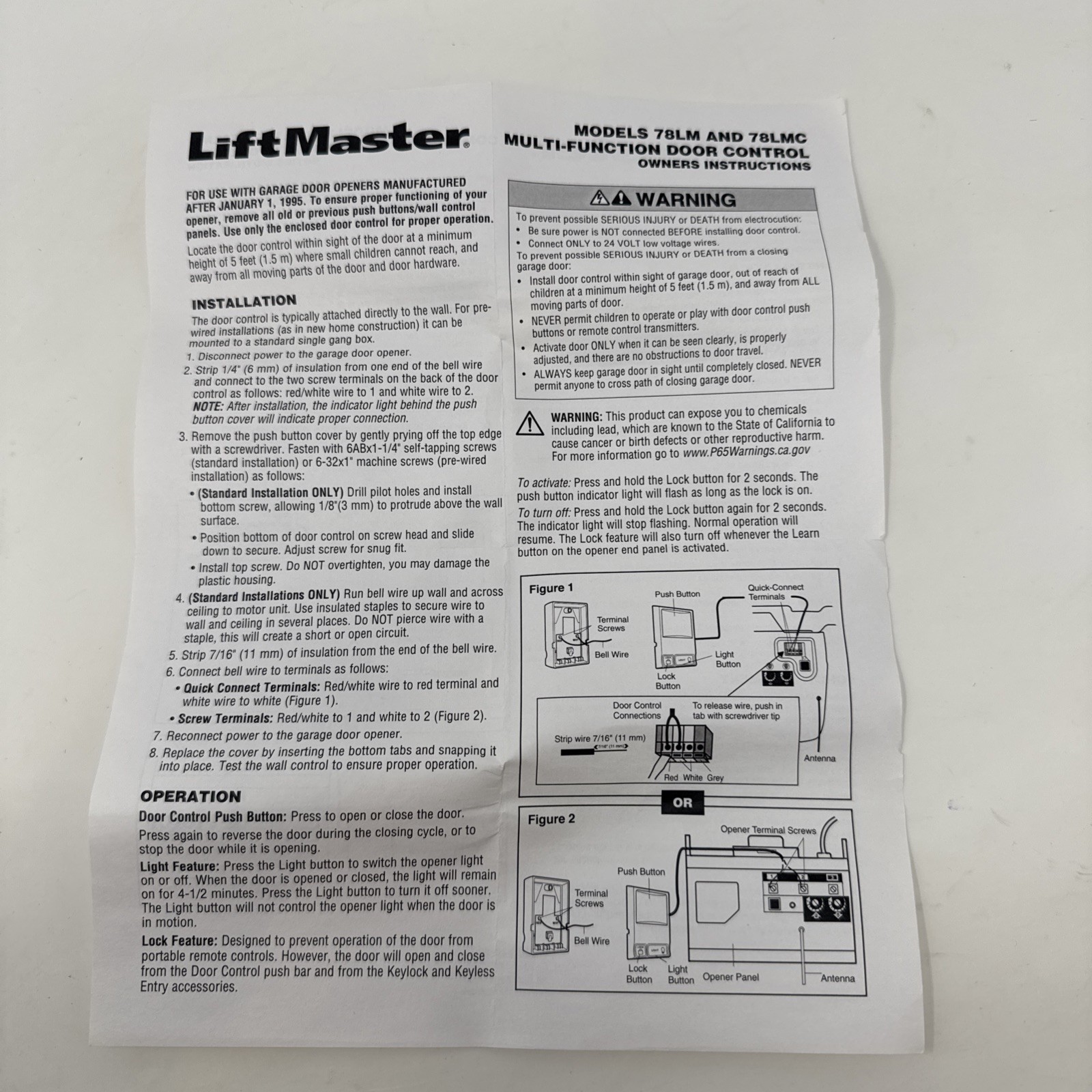 Liftmaster 78LM Multi-Function Control Panel Light Switch Garage Operators Parts