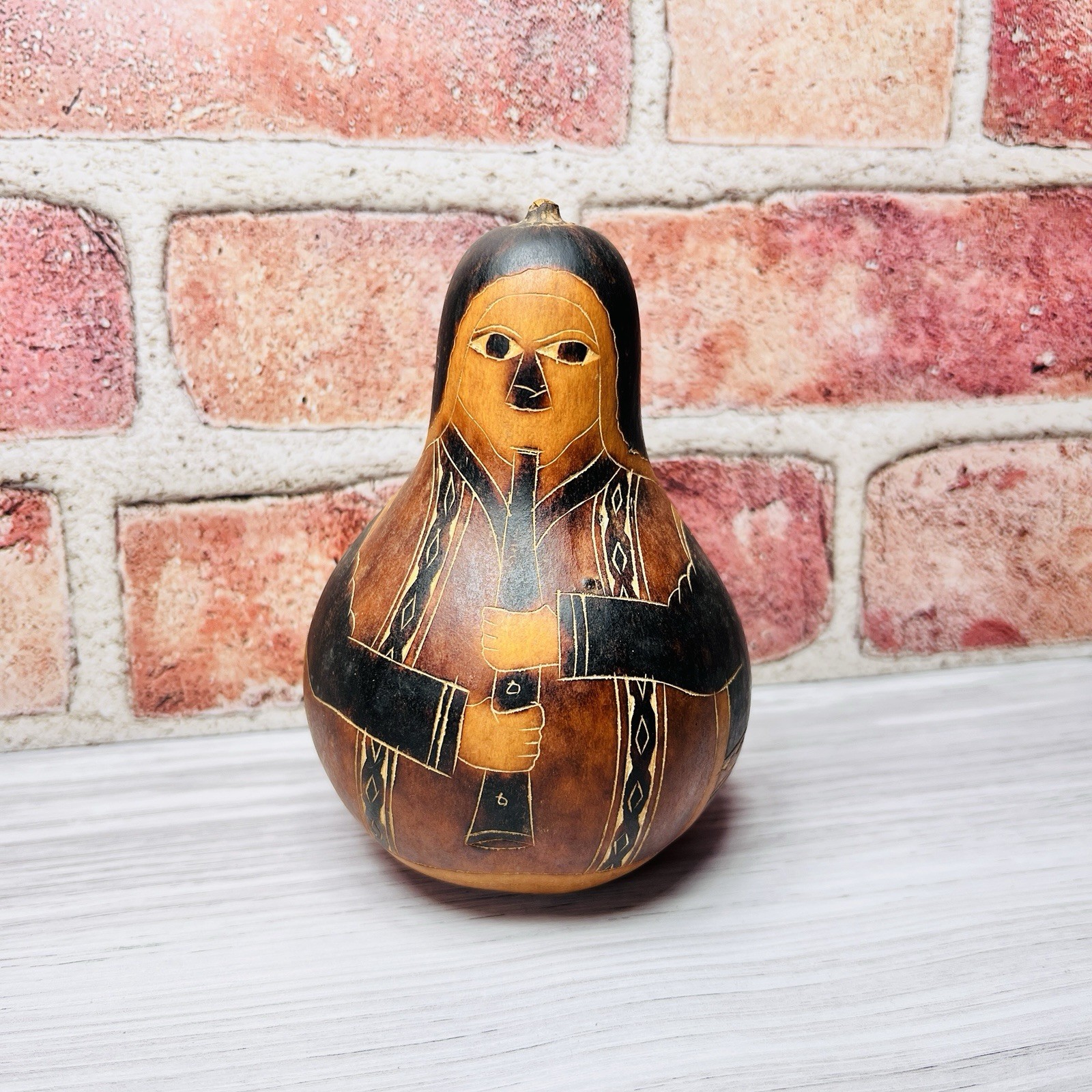 Vintage Peruvian Gourd Hand Painted Carved Women Horn Folk Art Horn Flute Story