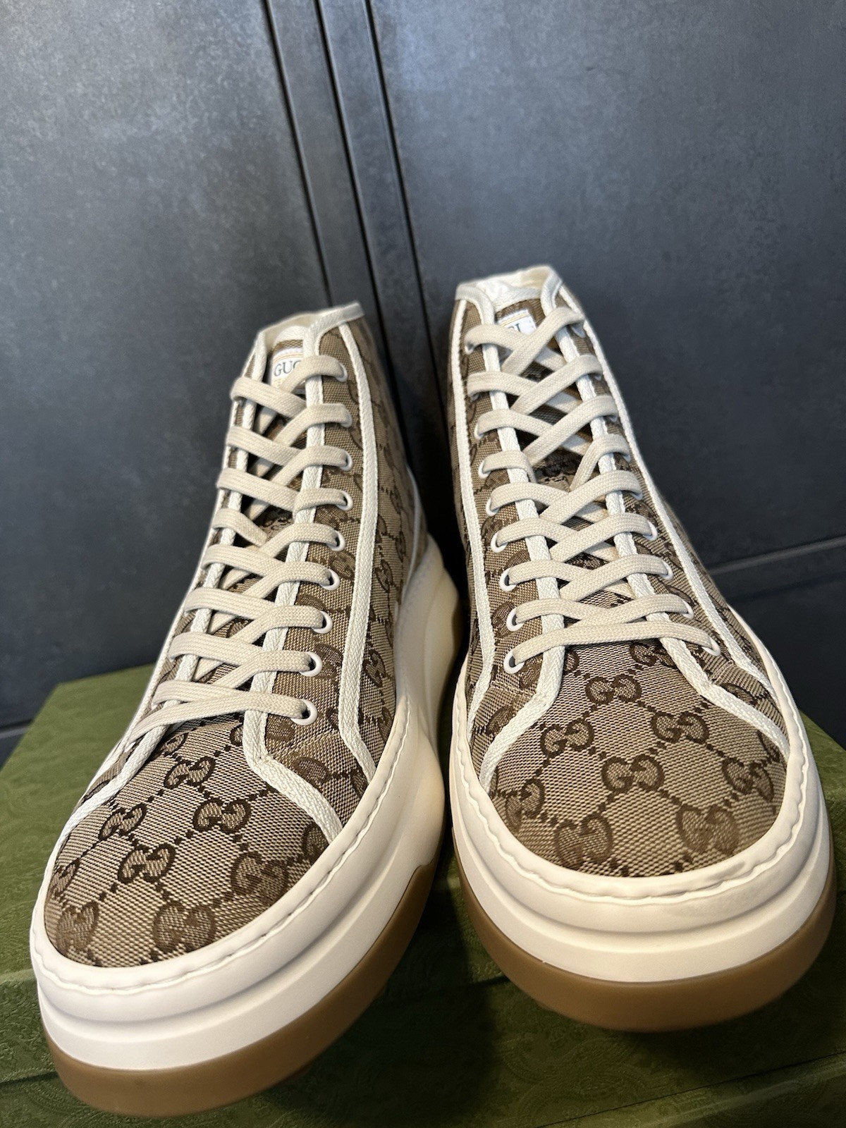 Gucci Mens Tennis 1977 High Top Brown GG Supreme Monogram Size 14.5UK/15.5US