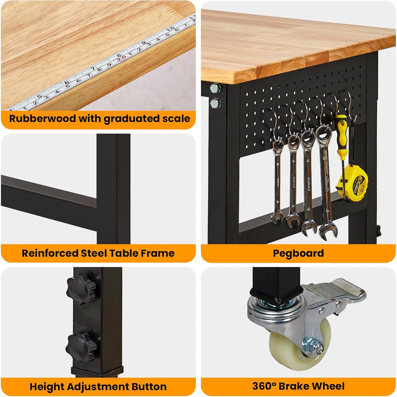 48" Adjustable Workbench, 8-Level Height Adjustable Rolling Work Table with Cast