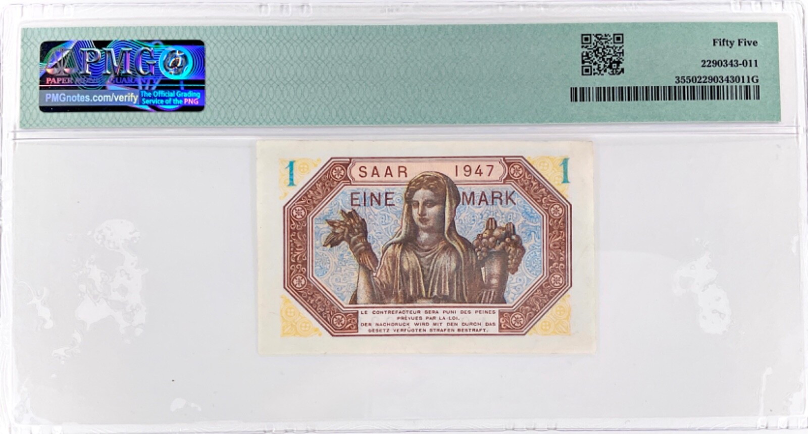 Saar, 1 Mark (1947) Pick# 3 PMG 55 About Uncirculated (AU) Banknote