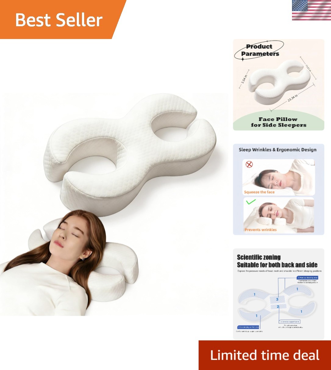 U-Shape Anti-Wrinkle Pillow with Removable Cover - White Memory Foam, 23 x 11 in
