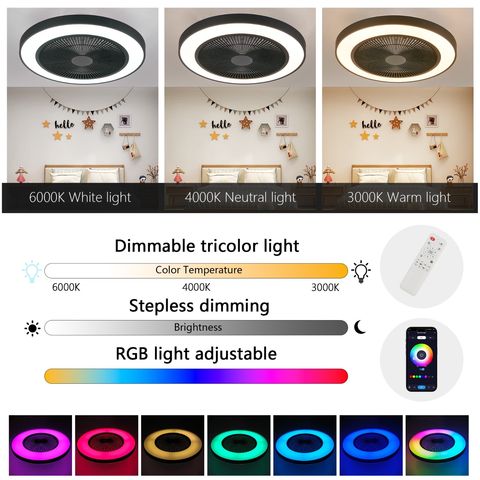 19" RGB LED Smart Ceiling Fan Light – Dimmable, APP/Remote, Silent Reversible DC