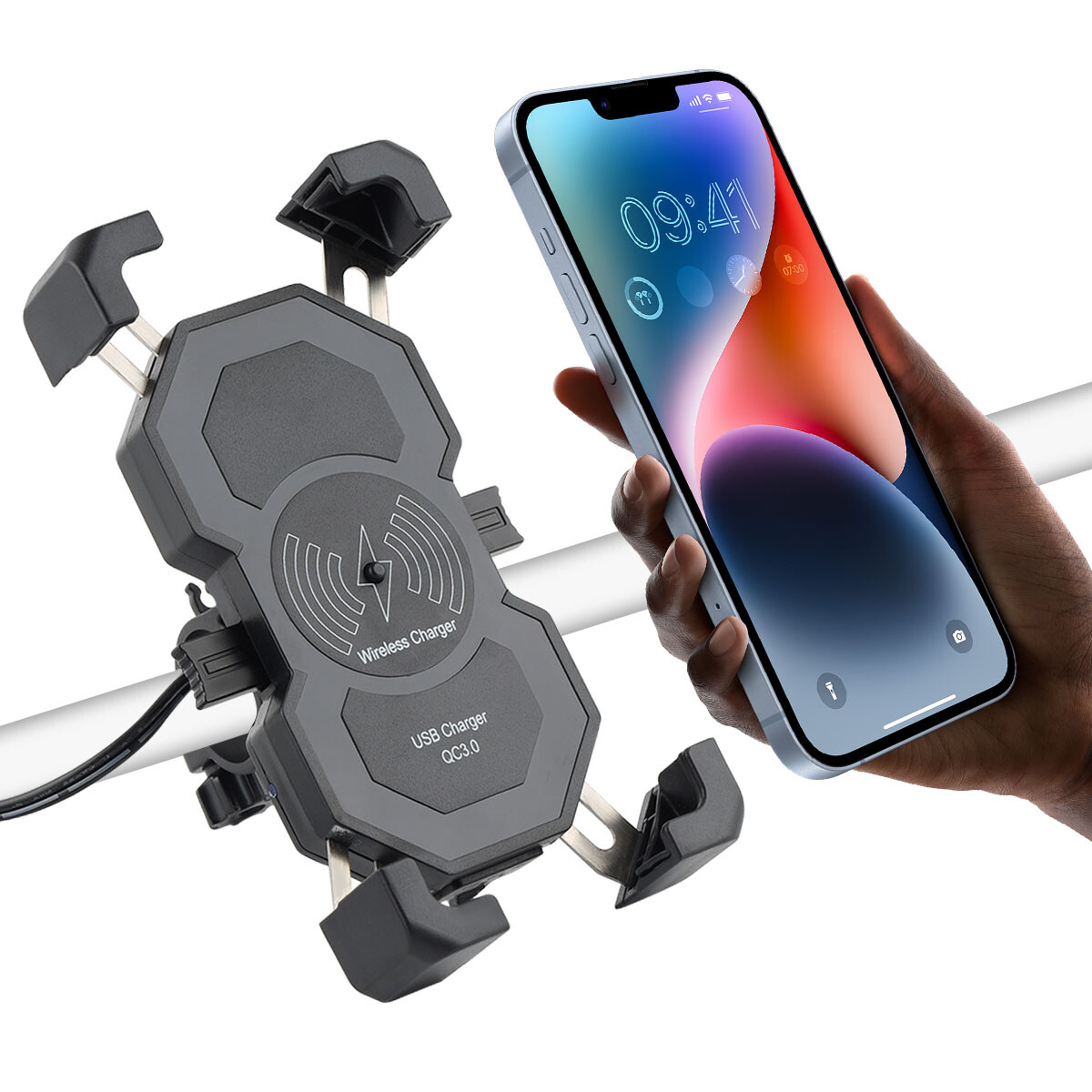 15W Phone Holder Wireless Charger USB Charging Mount for Motorcycle Handlebar US