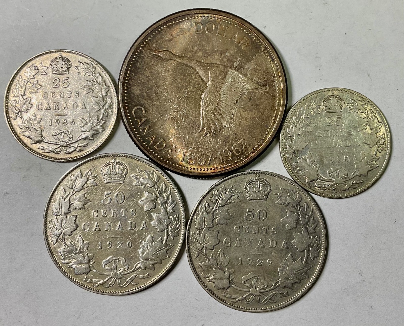 1920 to 1967 Canada five piece Silver Collector lot 25 50 cents Silver Dollar