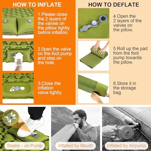 Double Sleeping Pad, Ultralight 4" Extra-Thick Self Inflating Army Yellow
