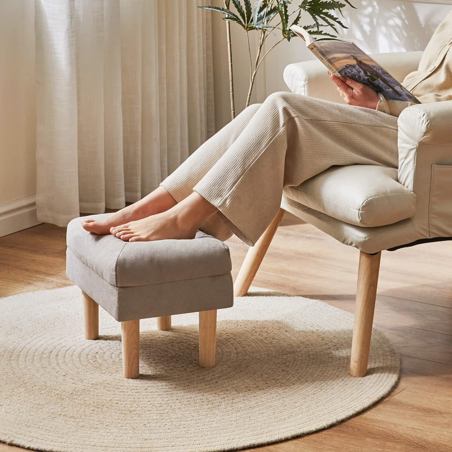 15.75" Small Foot Stool Ottoman, Footrest with Sponge Soft Padded Seat, Cotto...