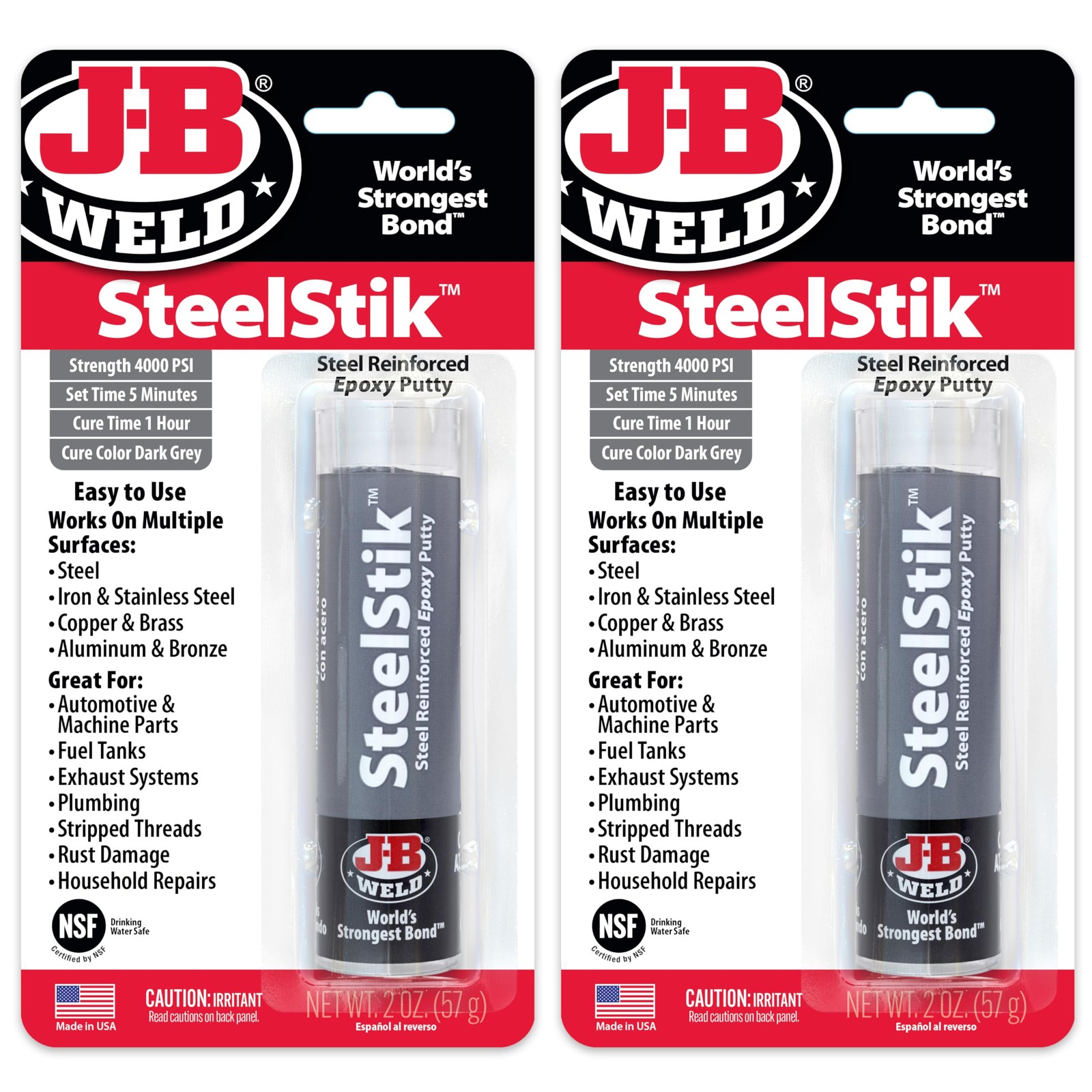 J B Weld Steelstik Dark Grey Epoxy Putty Stick 2 Pack Steel Reinforced 2 Oz