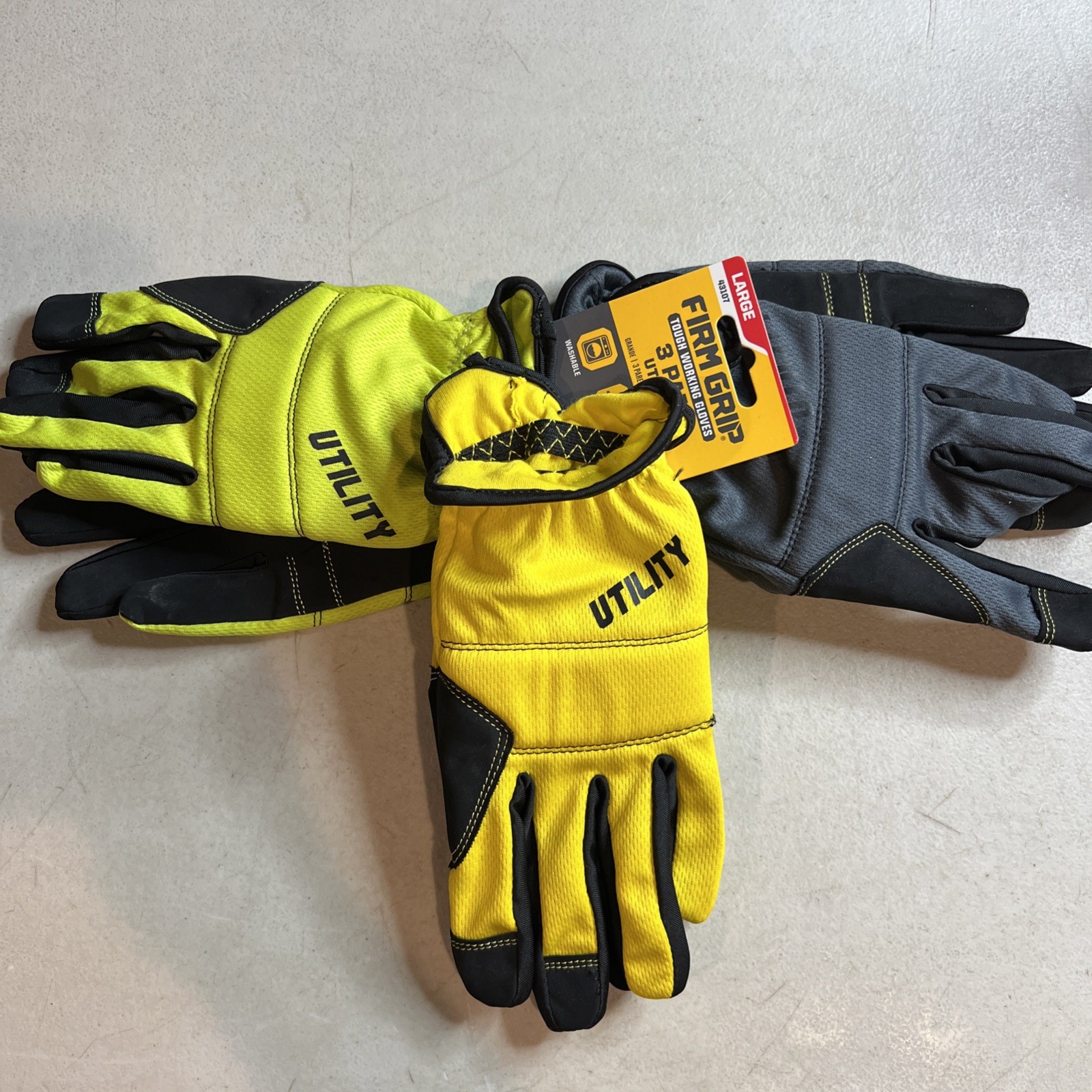 Firm Grip Utility Work Gloves L Stretch Heavy Duty, 3 Pairs - Yellow, Grey, Lime