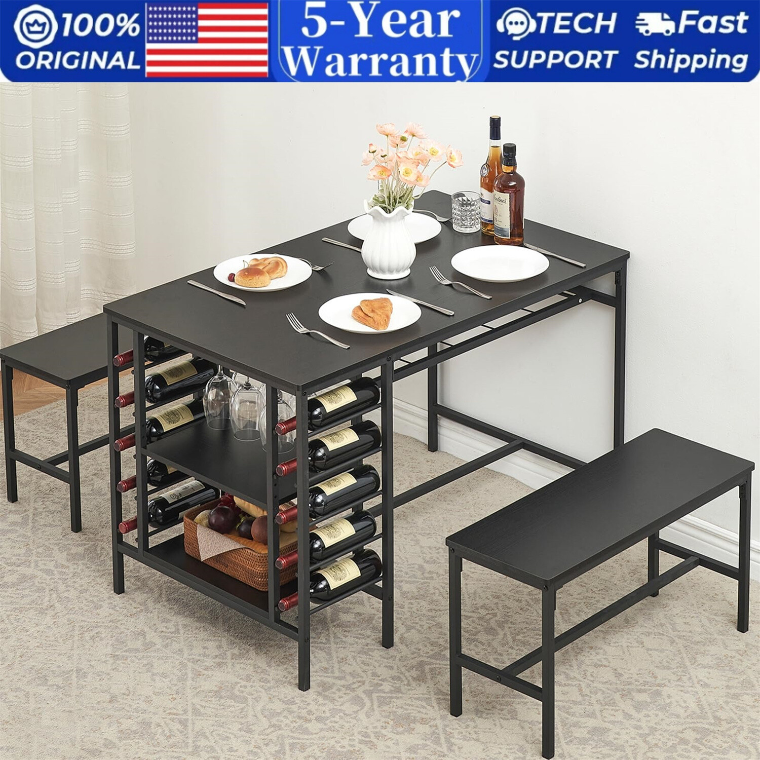 Dining Table Set for 4 3 Pieces Kitchen Table Set with 2 Benches 2-Tier Storage