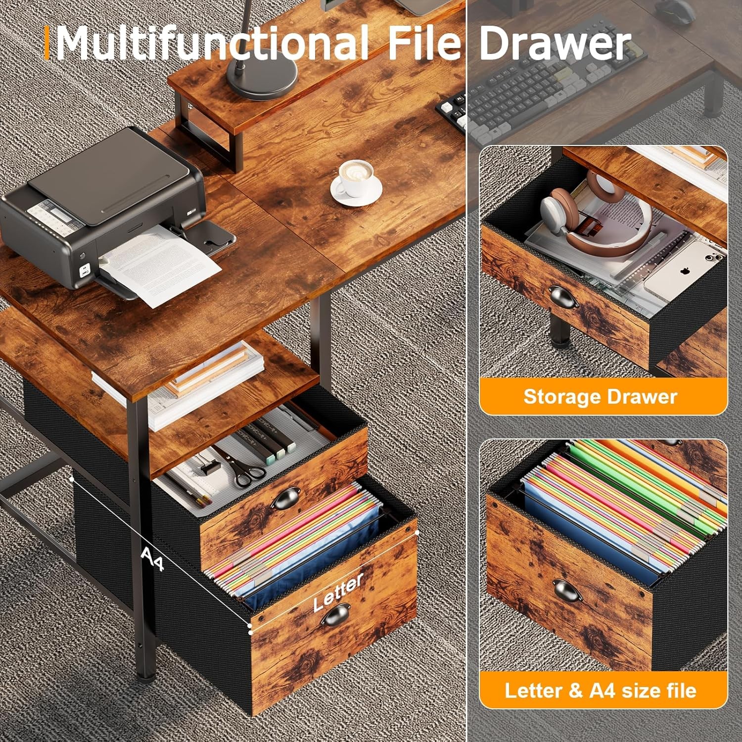 Furologee Rustic Brown L Desk 66InchReversibleCornerwithMonitorStands for Gaming