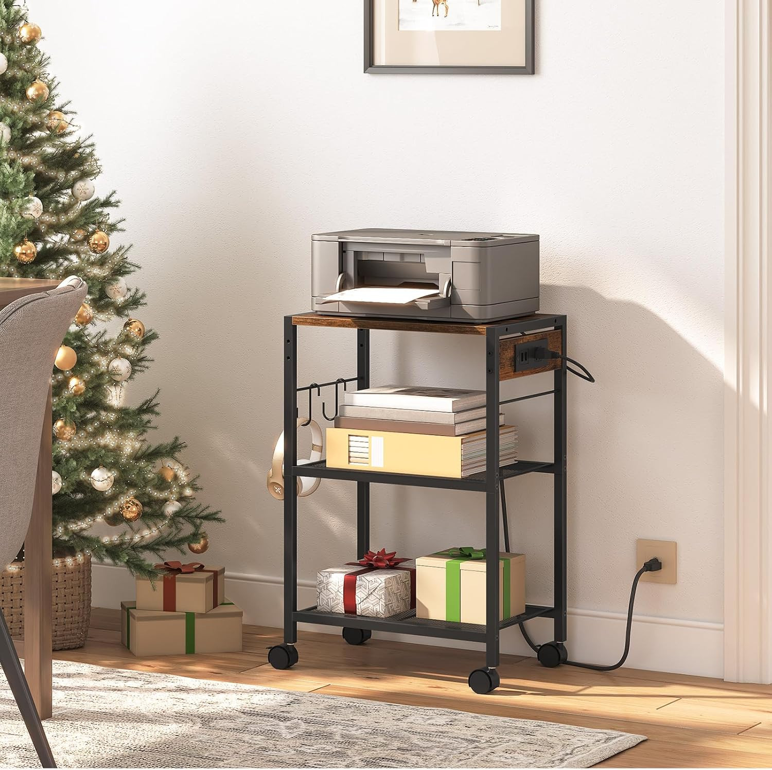 Industrial Printer Stand, 3-Tier Mobile Printer Table, Rolling Cart with Power O