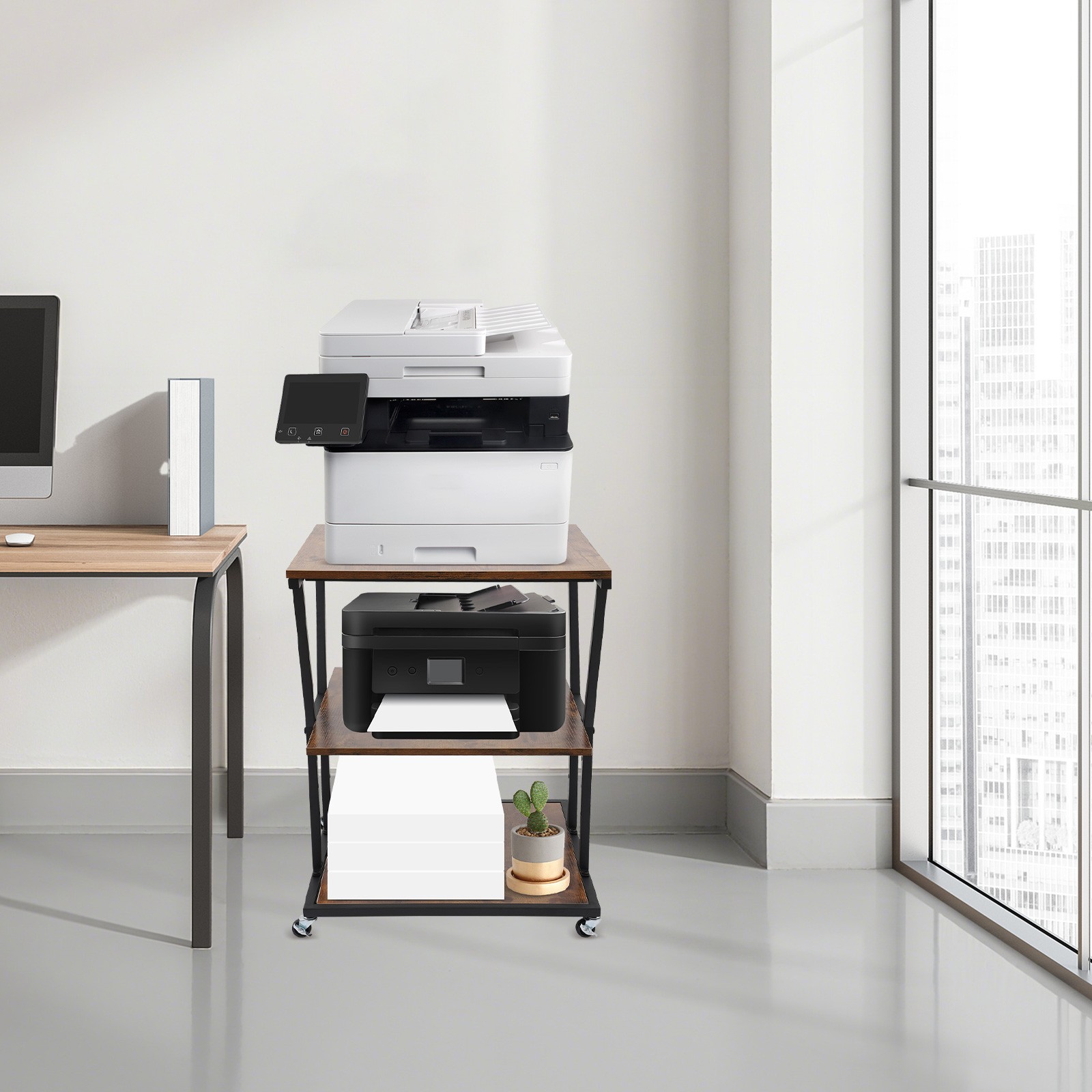 3-Tier Printer Stand with Adjustable Shelves & Wheels for Home/Office
