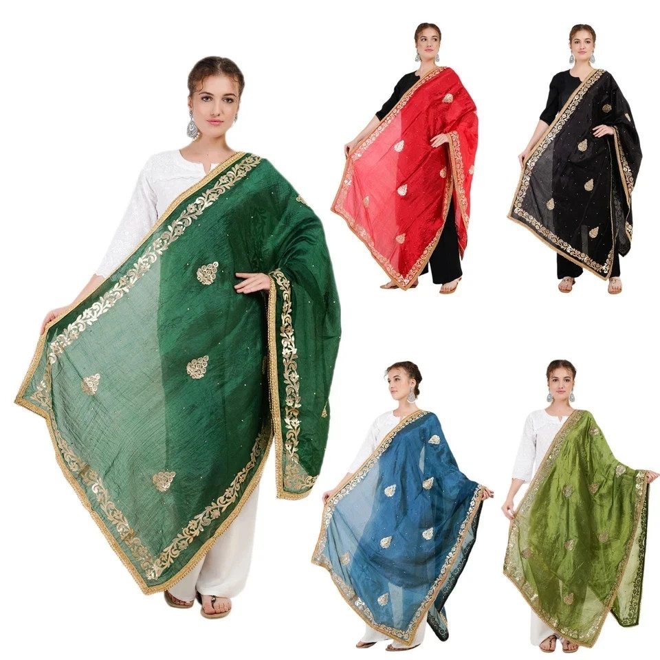 Women's Silk Blend Dupatta Gotta Patti Chunni Stole Long Lightweight Shawl Hijab