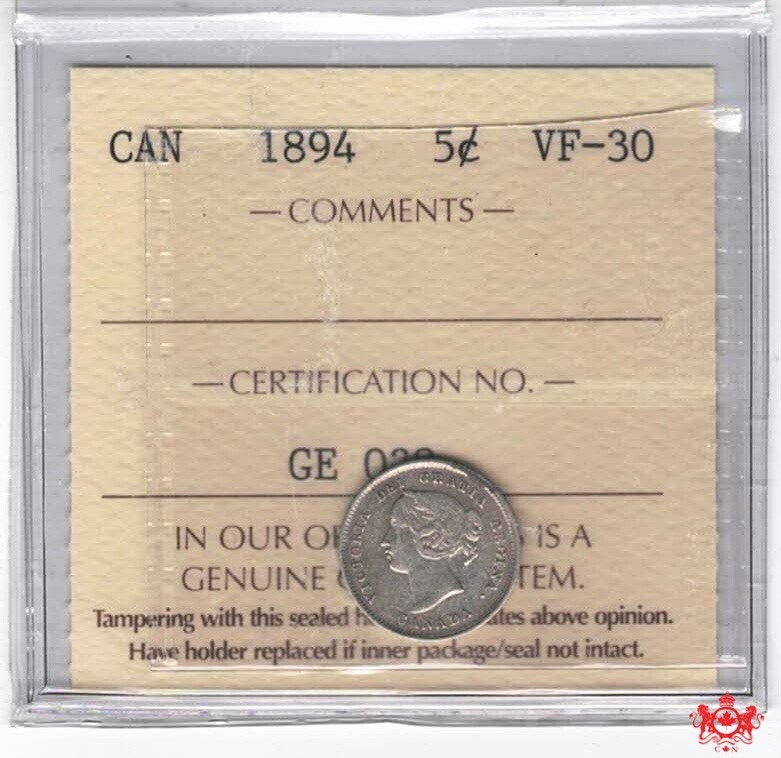 1894 Canada 5 Cents - ICCS VF30 - GE 028