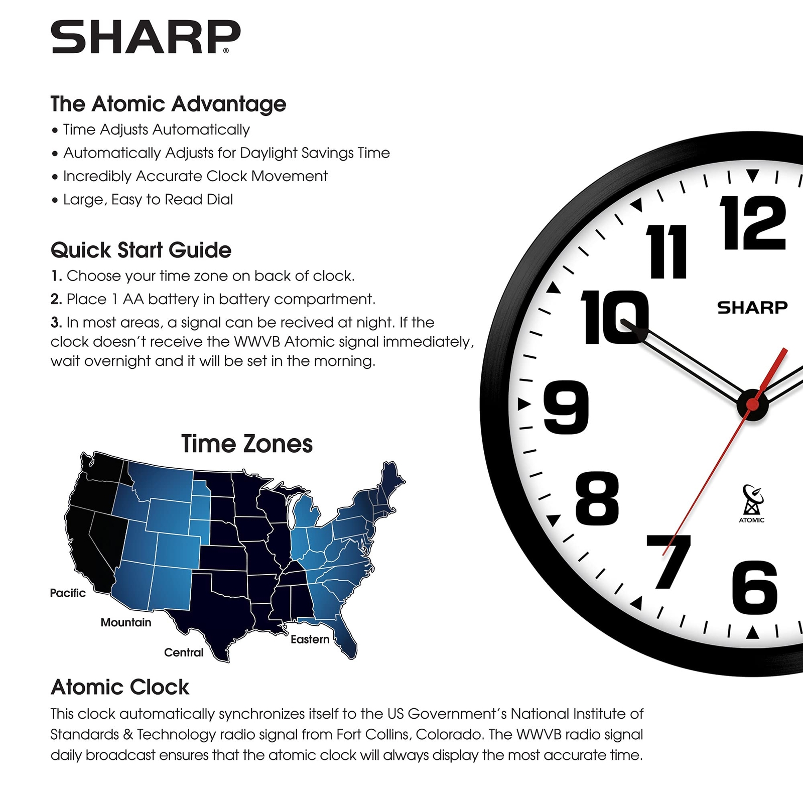 Sharp Atomic Analog Wall Clock - 12" Black Stylish Frame - Sets Automatically- B