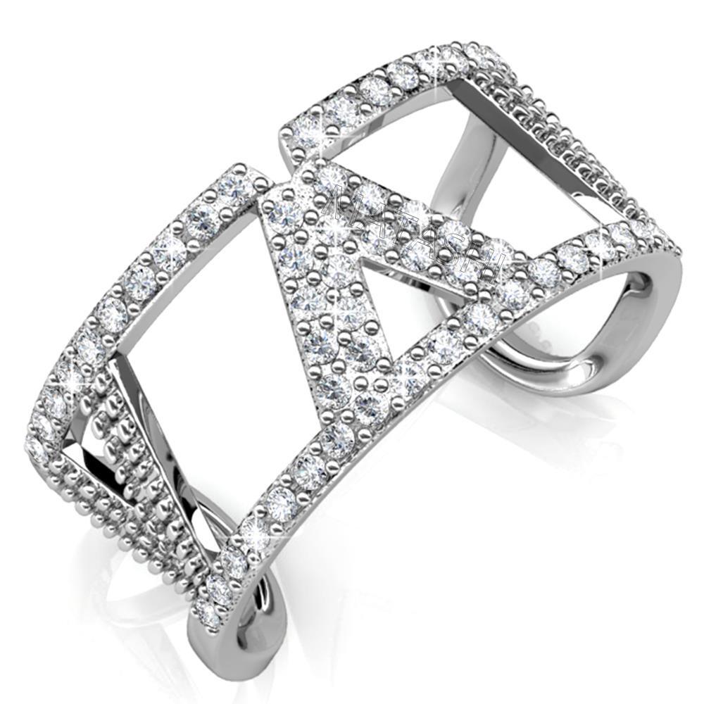18K White Gold Plated Open Back V Ring w/ Clear Matashi Crystals Size 5