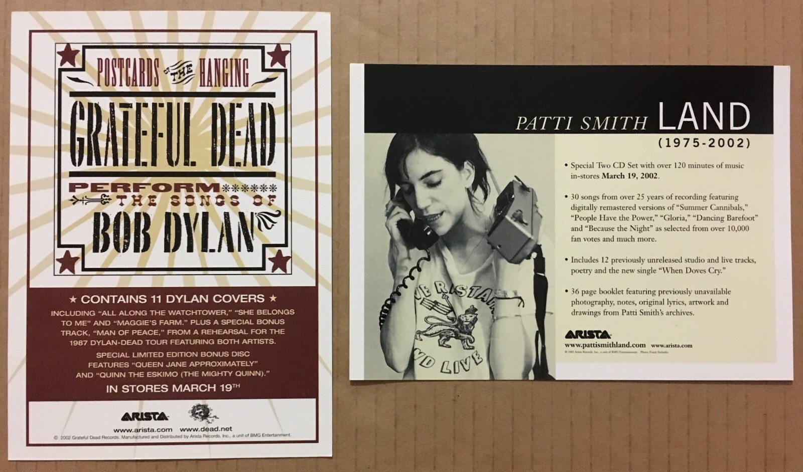 GRATEFUL DEAD Patti Smith BOB DYLAN Rare SET of 2 PROMO POSTCARD for 2002 CD