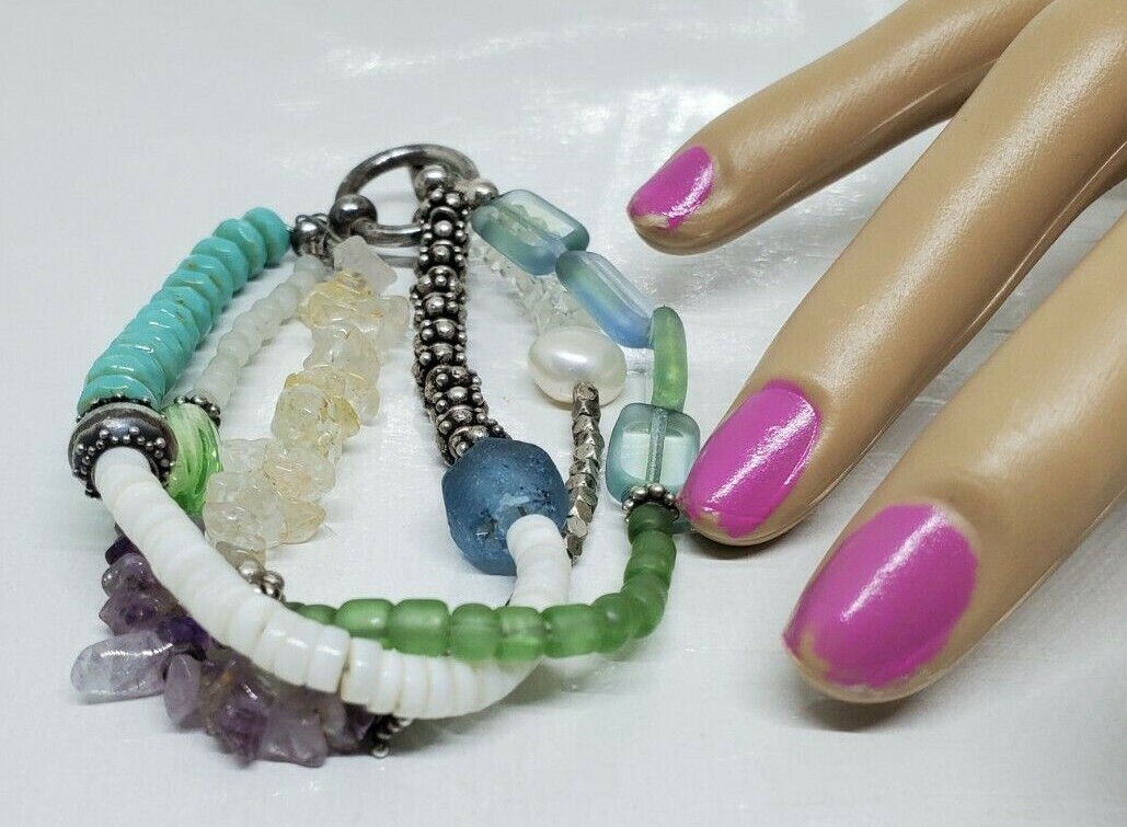 Multistone Teal Blue White Green Multibead Toggle Bracelet 7"