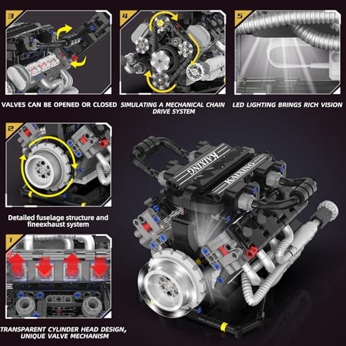 LED-Illuminated V8 Engine Model Building Block Kit
