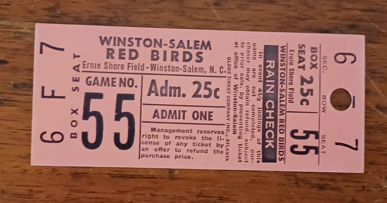 1957 Winston-Salem Redbirds Minor League Baseball Game Ticket North Carolina