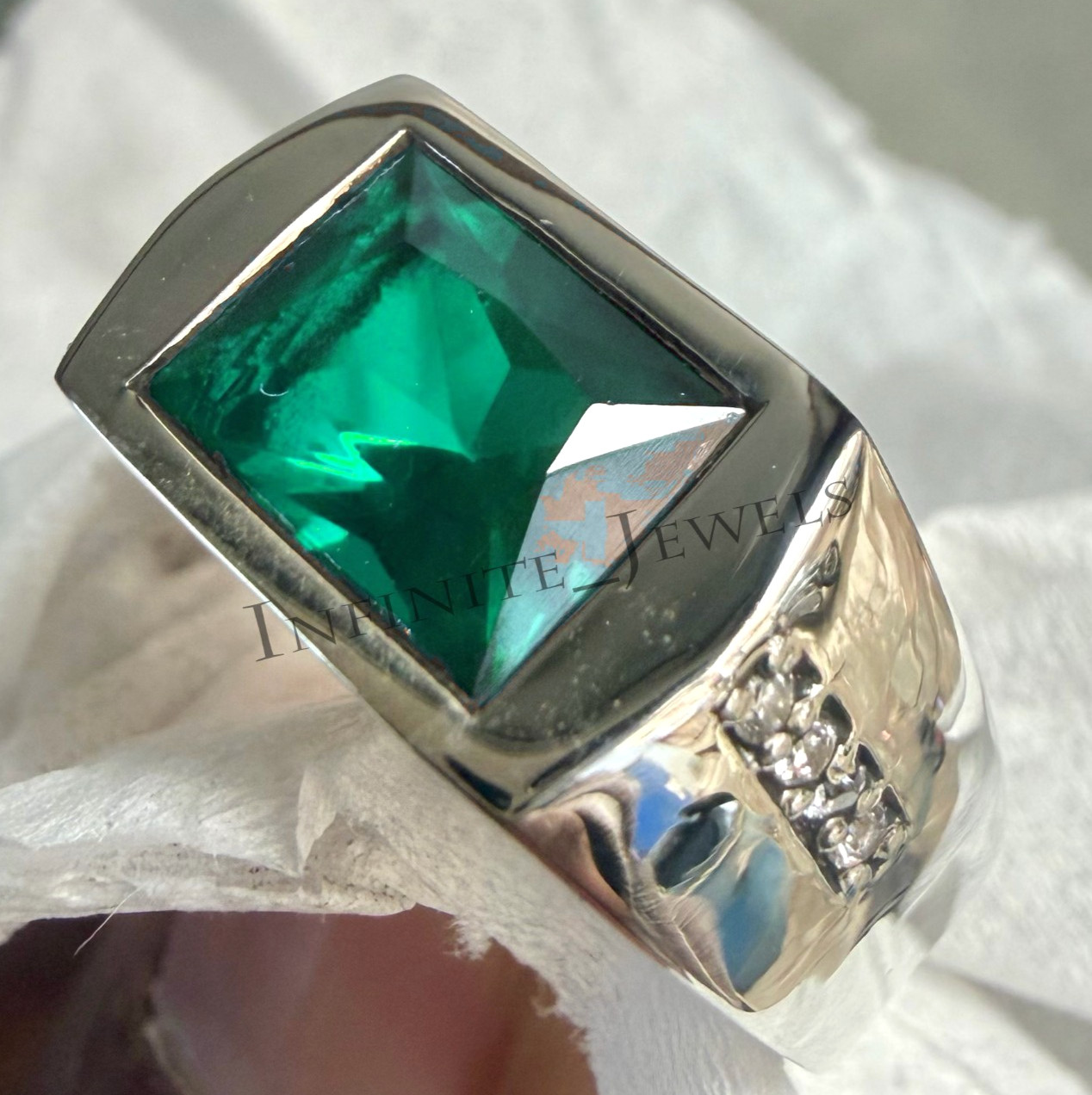 Green Emerald Gemstone Ring For Men's With 925 Sterling Silver Emerald Cut Ring