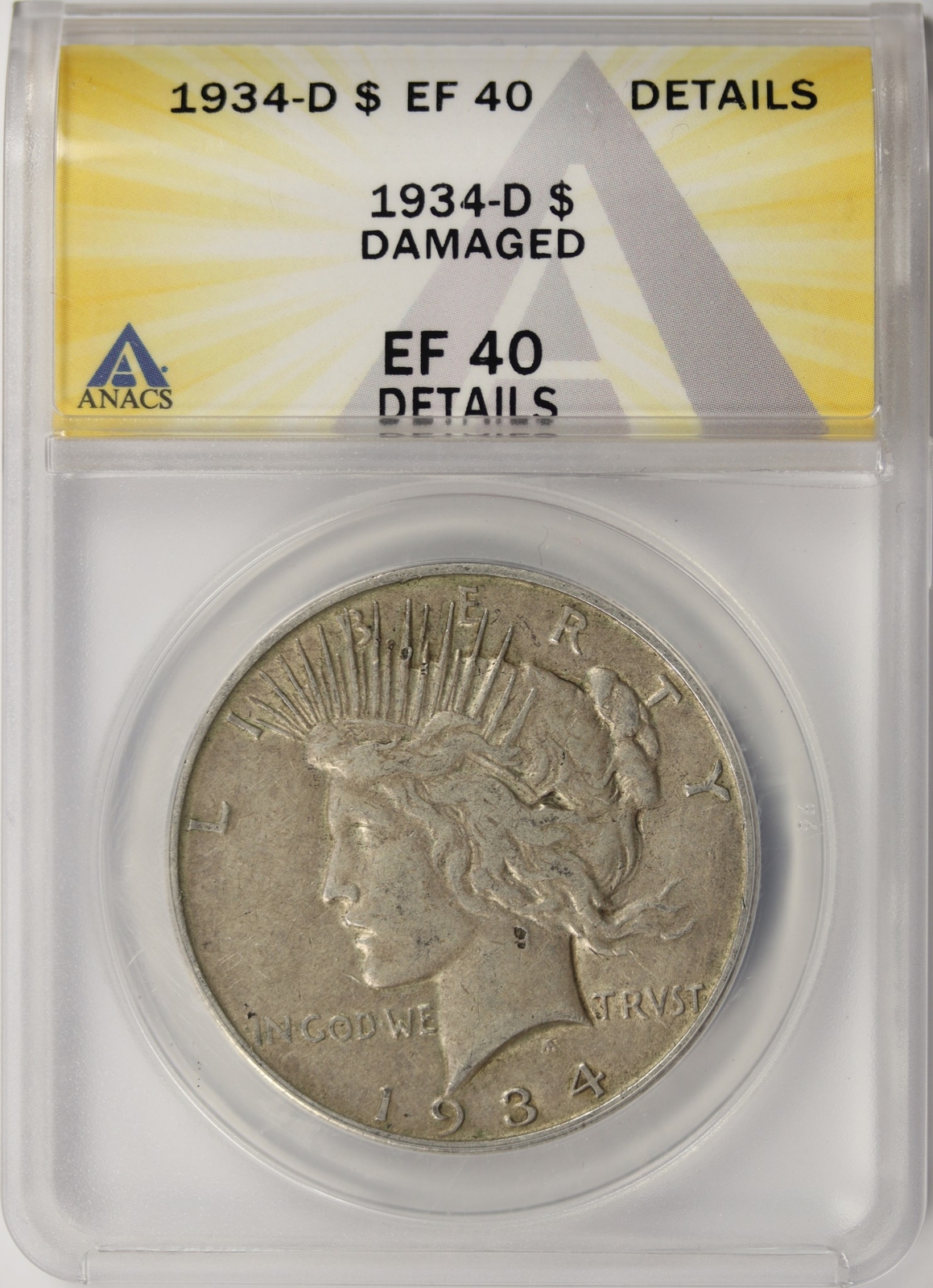 1934-D Peace Silver Dollar $1 ANACS EF40 Details Damaged