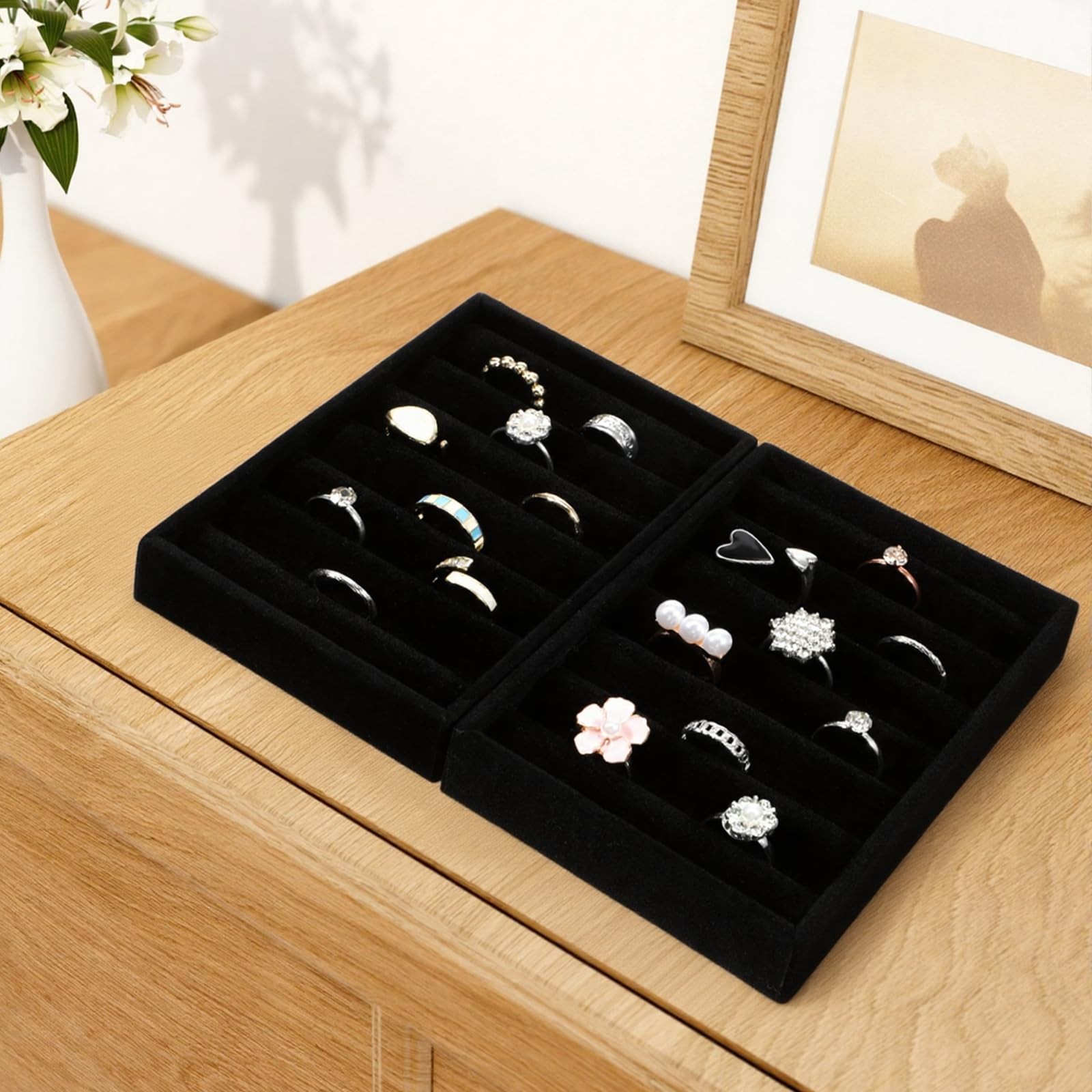 Xyembu 2 PCS Black Velvet Stackable Ring Organizer Tray, Earrings