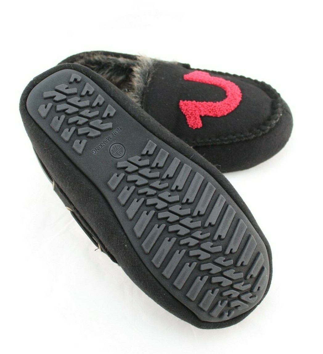 New TRUE RELIGION Size S 7-8 Black / Red Faux Fur Lined Men's Moccasins Slippers