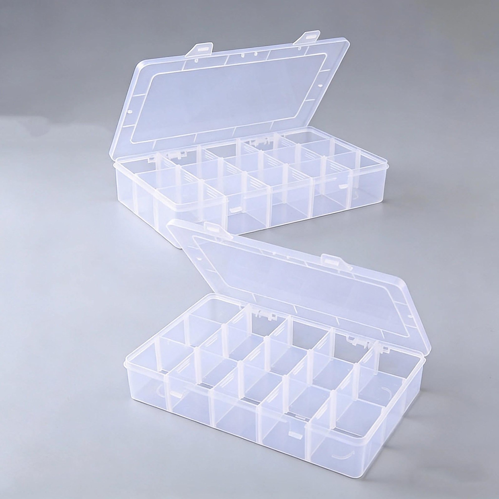 2 Pack Plastic Organizer Box with 14 Removable Dividers,15-Compartment Clear ...