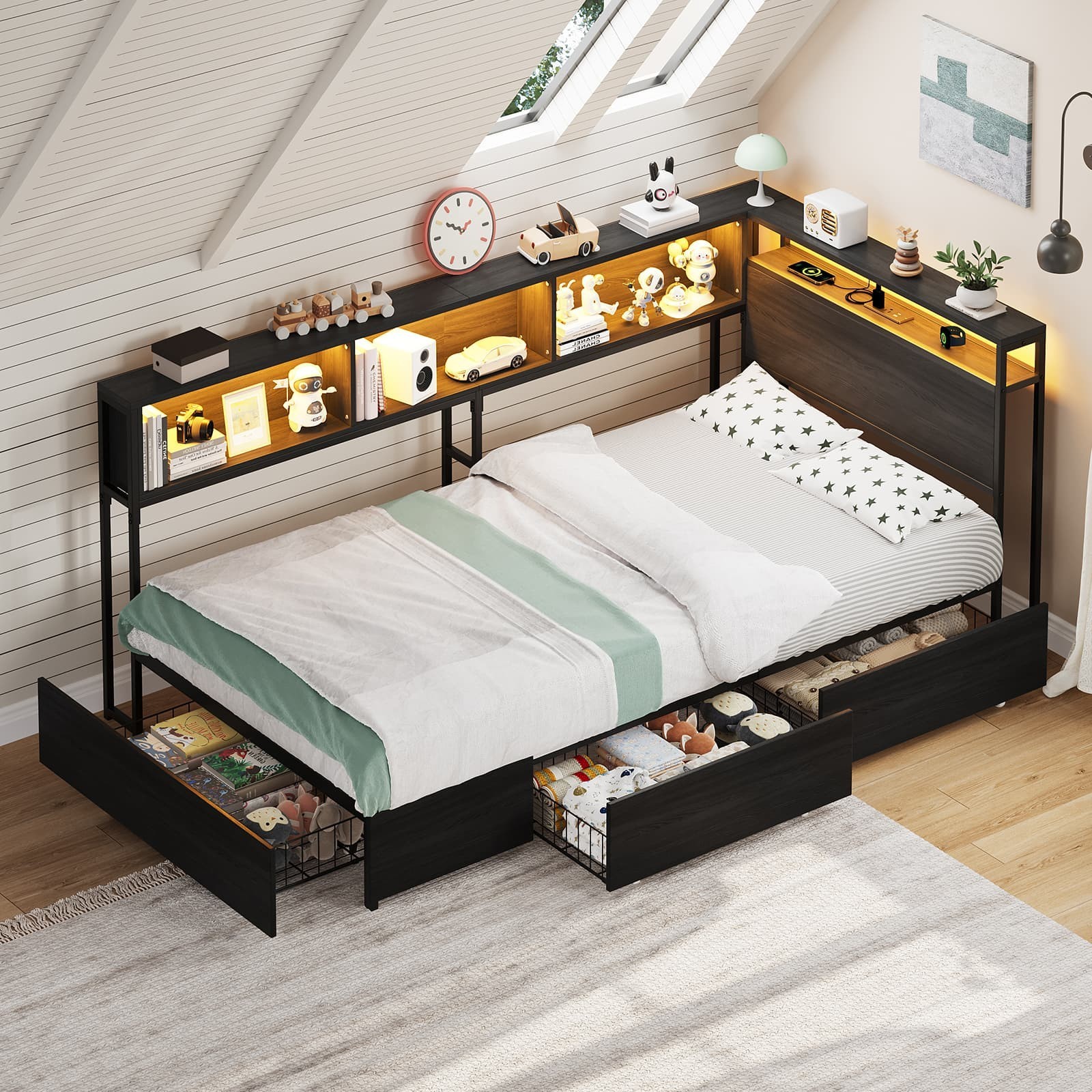 Twin Corner Bed Frame with LED Headboard, Charging Station, Storage Drawers, Bla