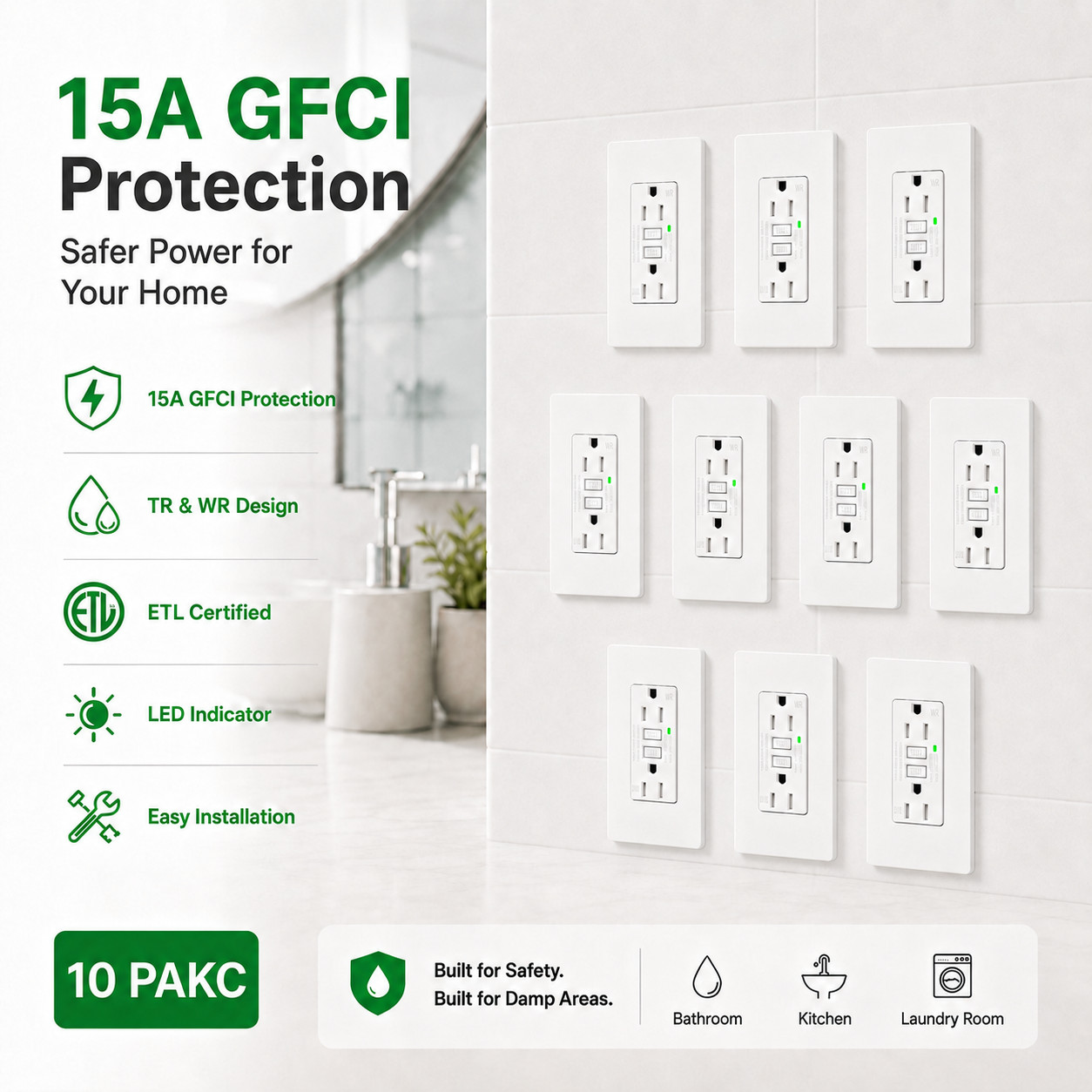15A GFCI Outlet Test Reset LED Indicator ETL Listed TR Weather Resistant White