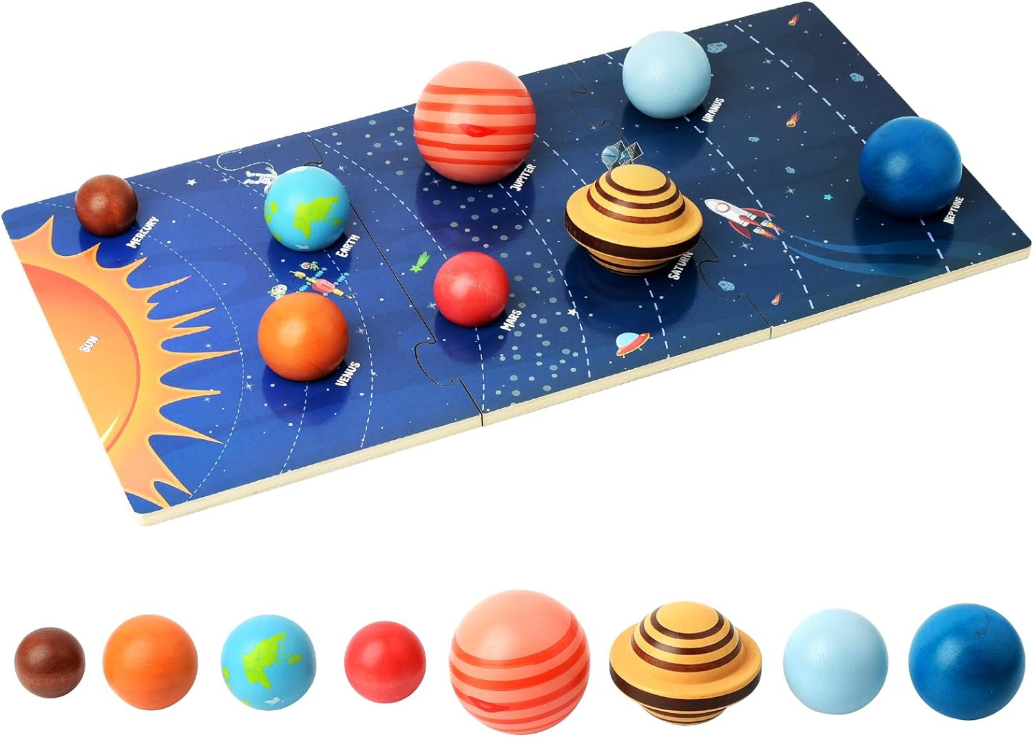 Wooden Solar System Model Board, Montessori Toys Planets Puzzle Science STEM Spa
