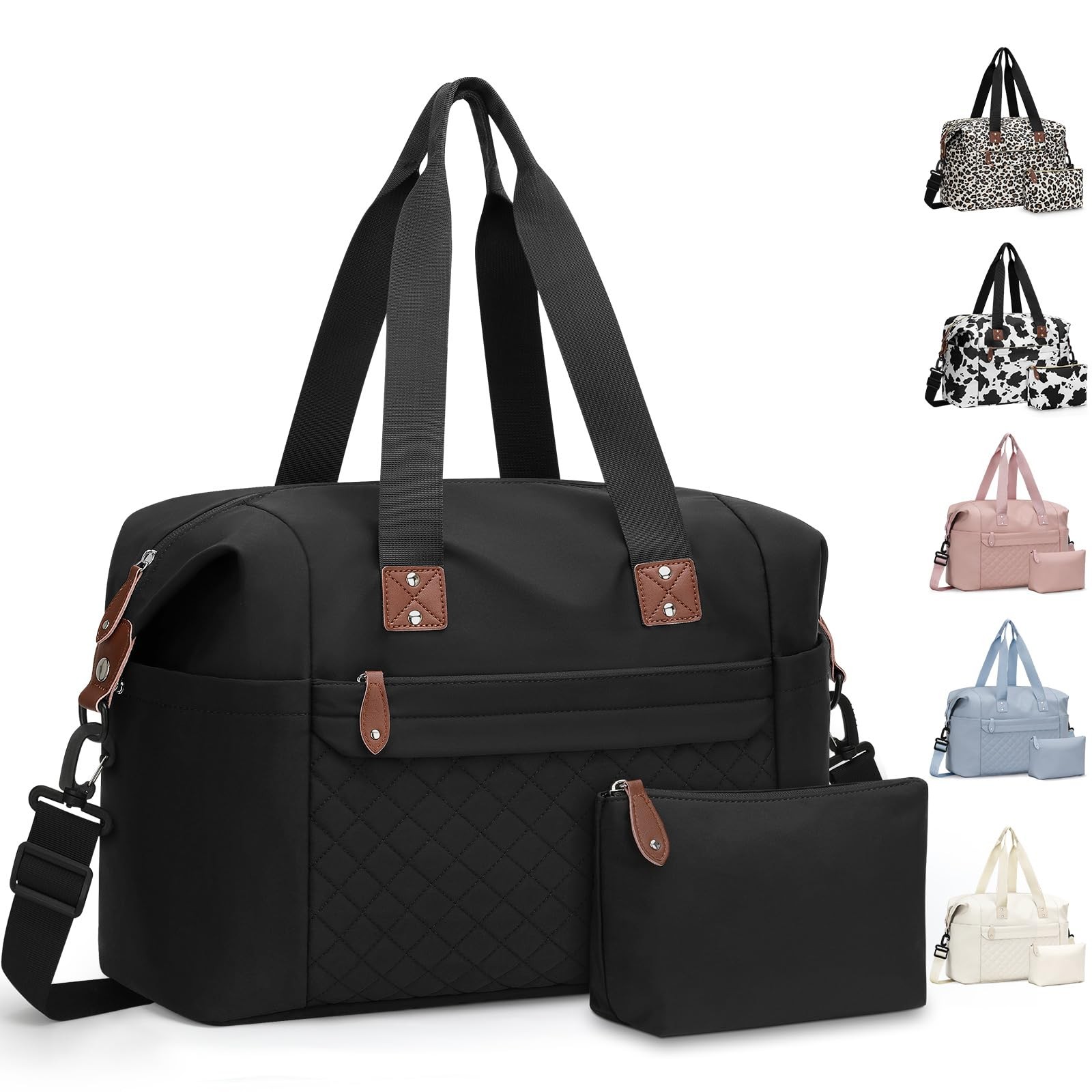 Waterproof Travel Duffel Bag with Toiletry Pouch Weekender Gym Bag, Medium Black