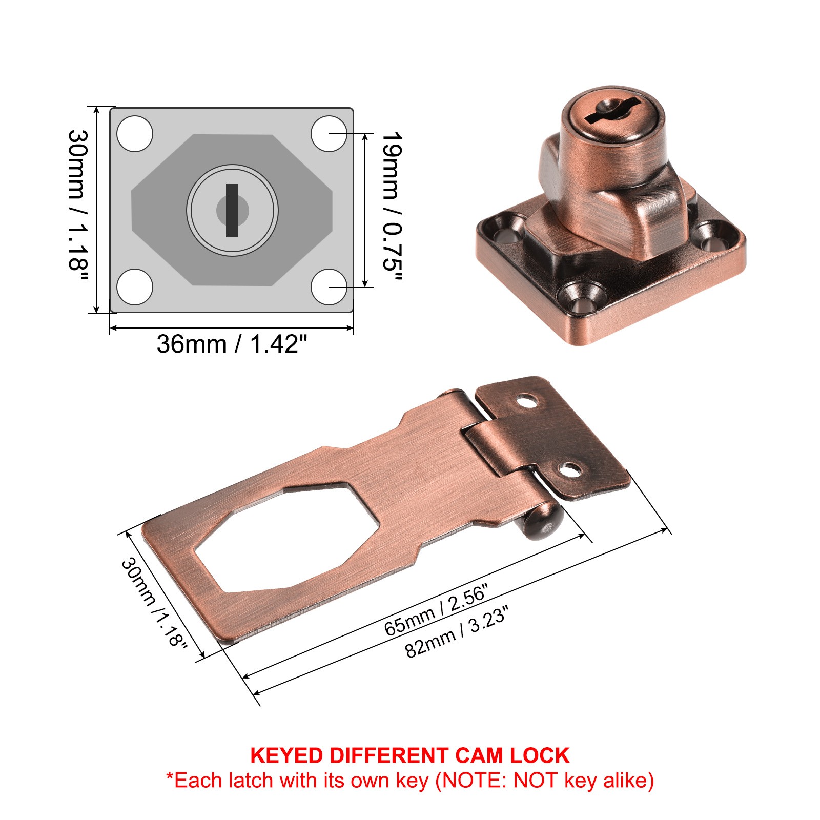 2.5Inch Keyed Hasp Locks Twist Knob Locking Keyed Different, Copper