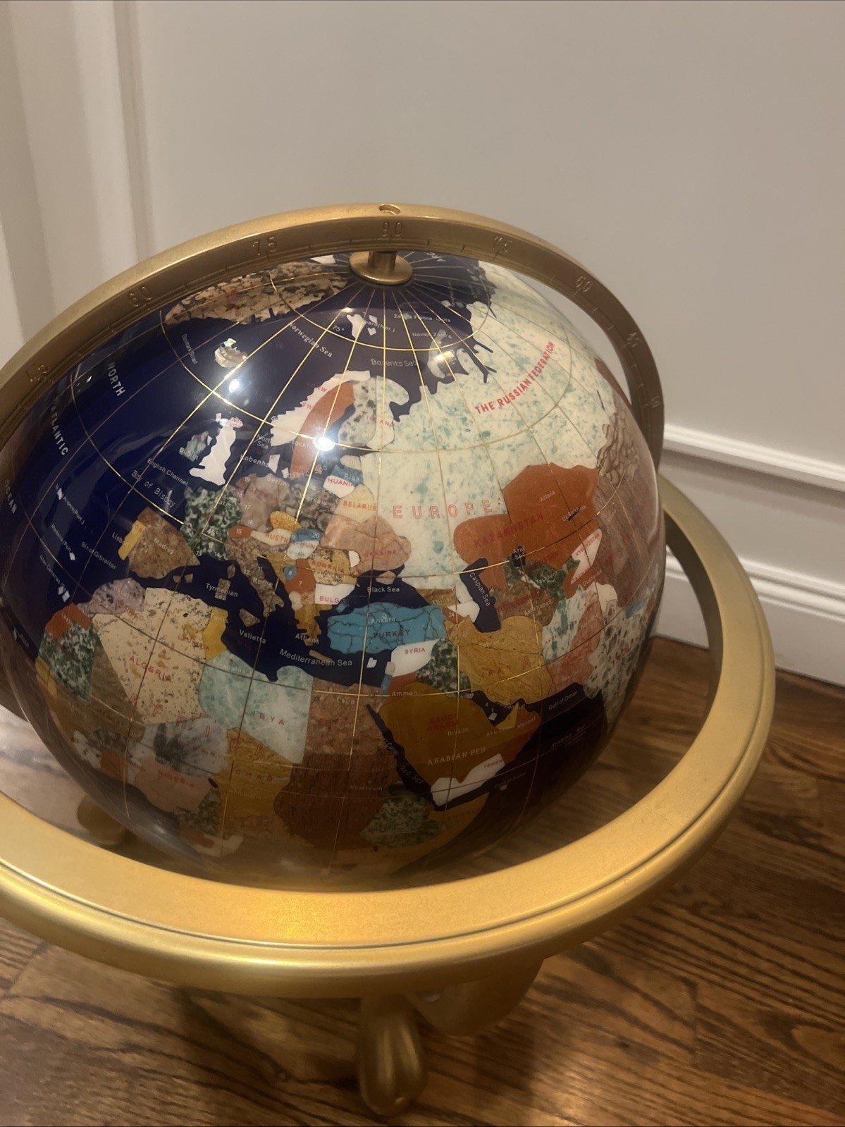 Blue Lapis Rotating Globe Precious Inlaid Stone Solid Brass w/ Compass